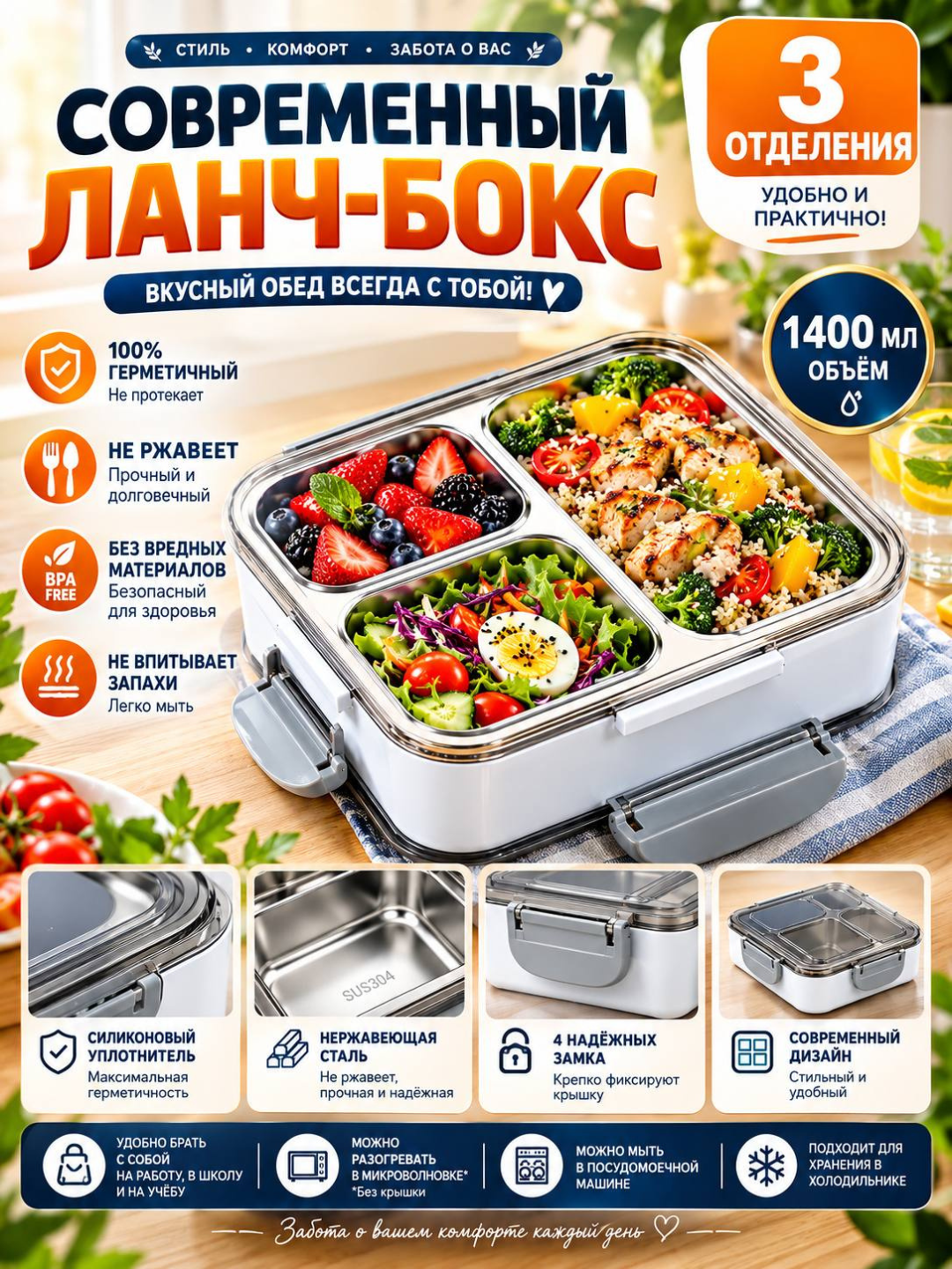 Zanglamaydigan po‘latdan yasalgan 3 bo‘limli tushlik qutisi, 1400 ml, germetik oziq-ovqat idishi - 