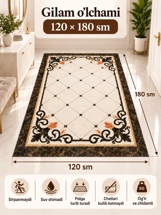 Imperial zamonaviy kovrik — nafis dizayn, yumshoq va qulay, 120×180 sm - 