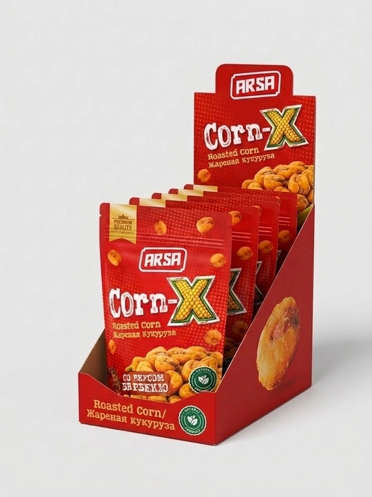 ARSA Corn-X — qovurilgan makkajo‘xori, qarsildoq gazak, BBQ (barbekyu) ta’mi (1 quti).