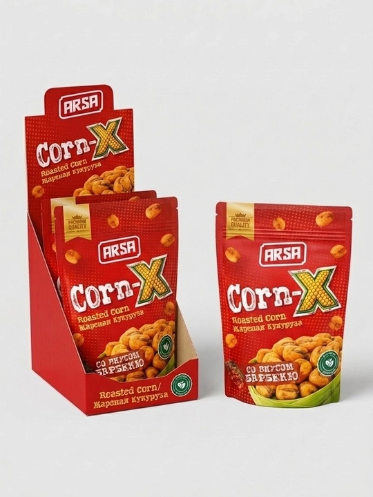 ARSA Corn-X — qovurilgan makkajo‘xori, qarsildoq gazak, BBQ (barbekyu) ta’mi (1 quti).