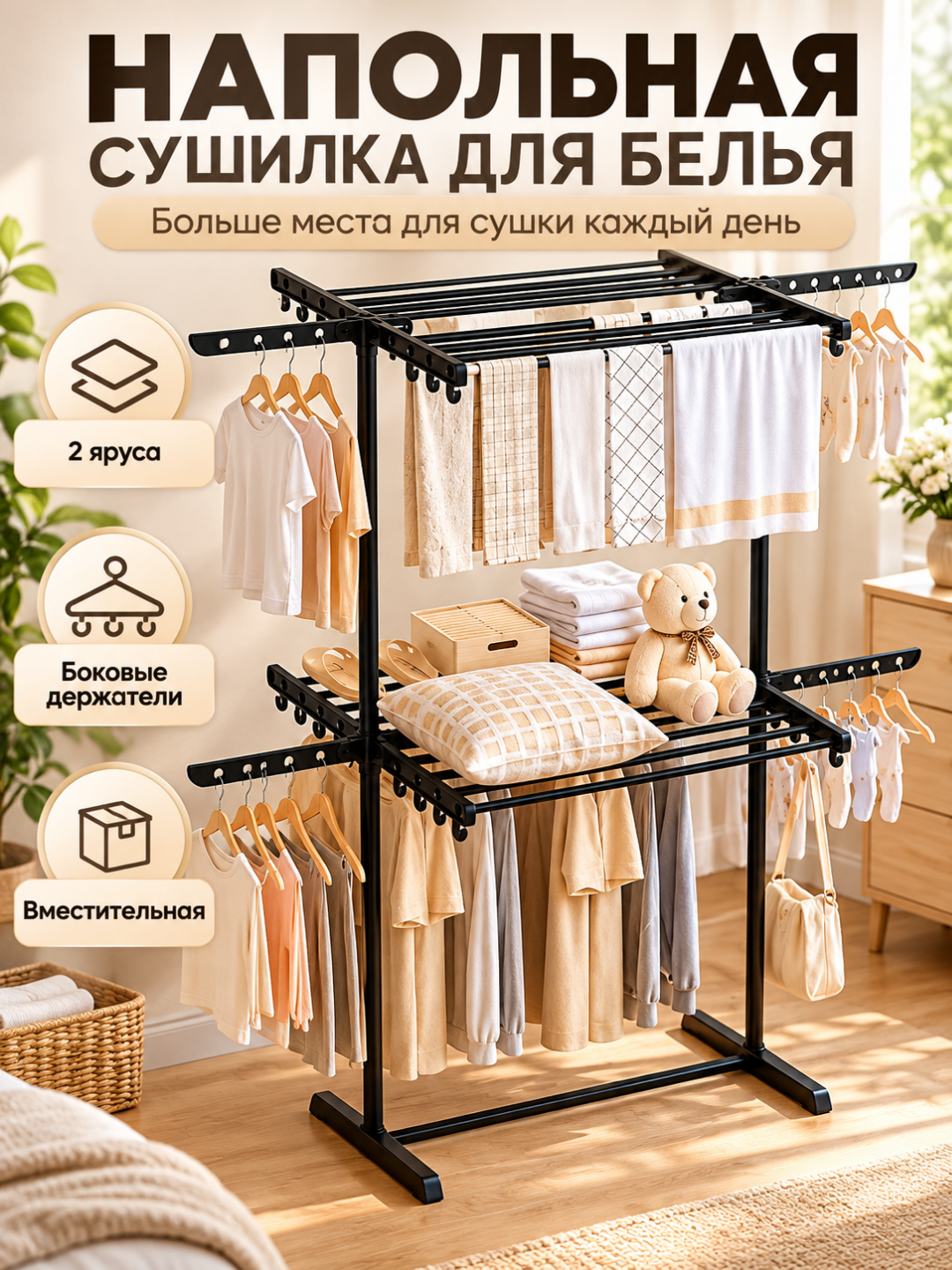 Сушилка для белья, двухъярусная напольная сушилка для белья, черная