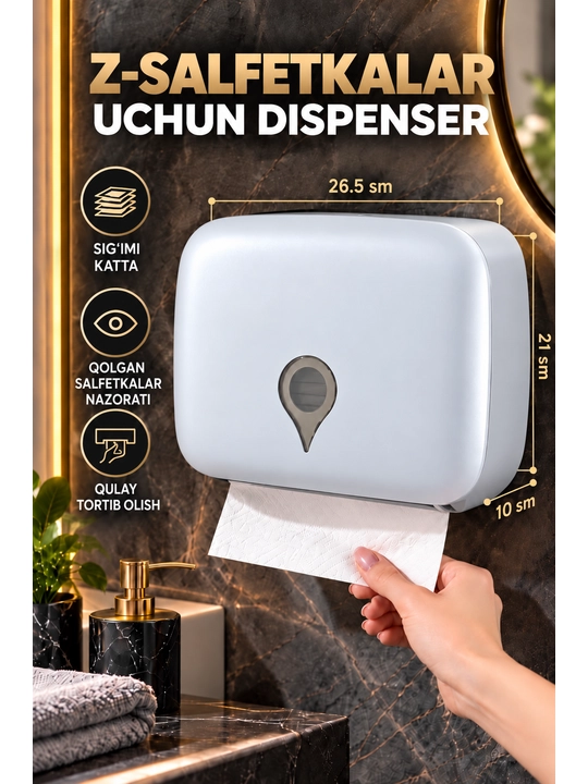 Z-usulda buklangan qog‘oz sochiqlar uchun devoriy dispenser