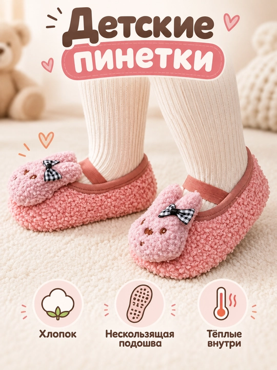 Пинетки для детей, тёплые тапочки, мягкая домашняя обувь с нескользящей подошвой