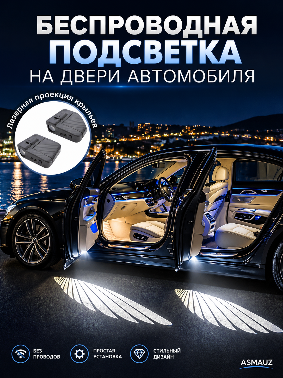Avtomobil eshigi uchun simsiz LED proyektor chiroq, qanot proyeksiyasi, 2 dona - 
