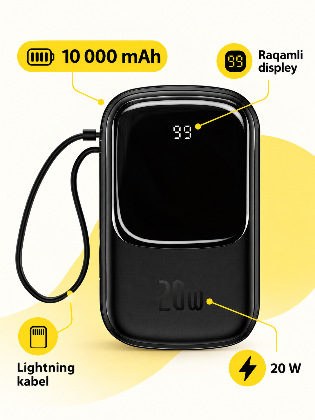Повербанк Baseus Qpow Pro 10000 мА·ч 20 Вт с дисплеем и кабелем Lightning - 