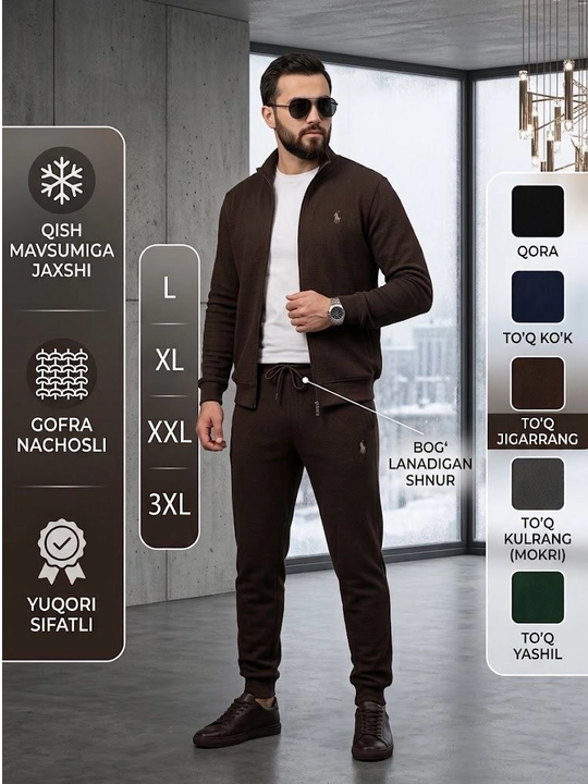 Polo uslubidagi erkaklar sport kostyumi, teksturali qishki mato
