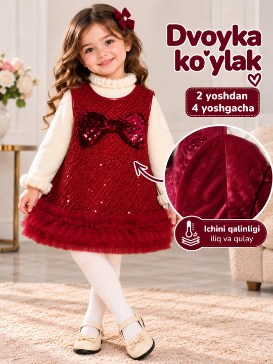 Qiz bola uchun ko‘ylak, ikki raqamli ko‘ylak, to‘q qizil ko‘ylak, chiroyli bolalar kiyimi - 
