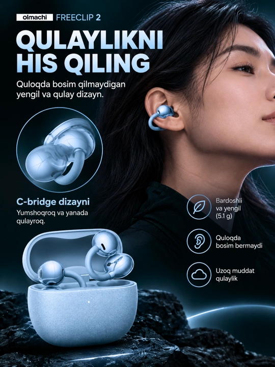 Simsiz quloqchinlar FreeClip 2, Android va iPhone uchun sensorli naushnik (+ bonus)