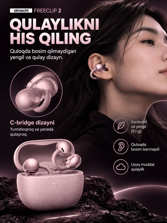 Simsiz quloqchinlar FreeClip 2, Android va iPhone uchun sensorli naushnik (+ bonus)