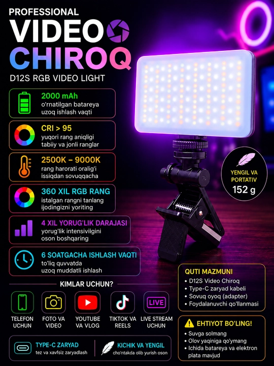 D12S RGB LED video chiroq, foto va video uchun, TikTok, YouTube, telefon va kamera uchun - 