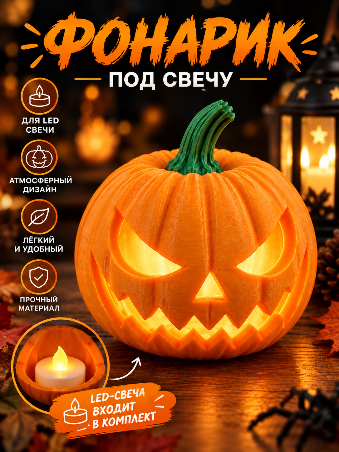 Фонарь тыква, подсвечник, Xэллоуин - 