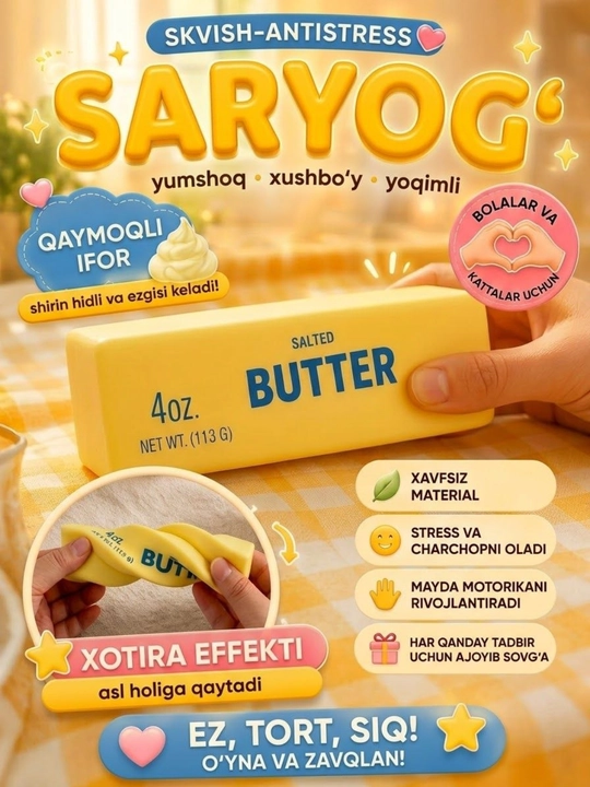 Antistress skvishi saryog' va meva shaklidagi bolalar o'yinchoqlari
