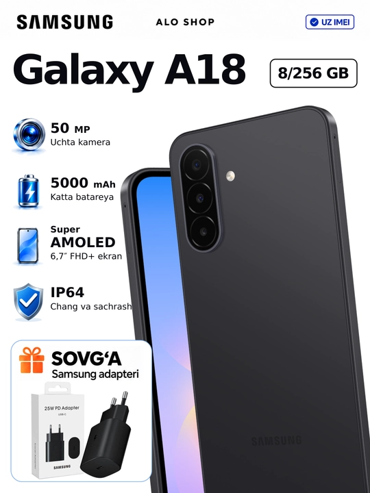 Smartfon Samsung Galaxy A18, 8/256 GB, Super AMOLED, 50 MP, Quvvatlagich sovg‘a! - 