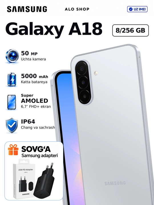 Smartfon Samsung Galaxy A18, 8/256 GB, Super AMOLED, 50 MP, Quvvatlagich sovg‘a! - 