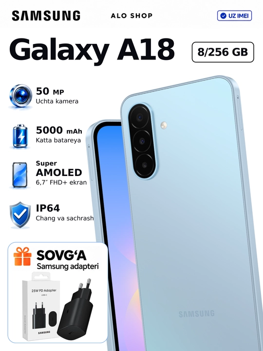 Smartfon Samsung Galaxy A18, 8/256 GB, Super AMOLED, 50 MP, Quvvatlagich sovg‘a! - 