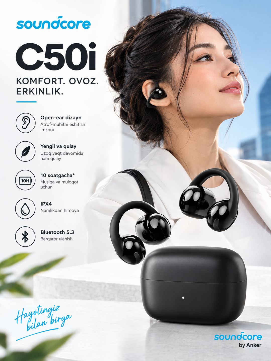 Soundcore C50i simsiz TWS quloqchinlari, Open-Ear, Bluetooth 5.3, qora - 