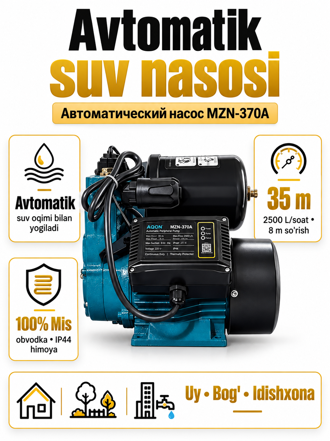 MOON MZN-370A avtomatik suv nasosi, 100% misdan yasalgan - 