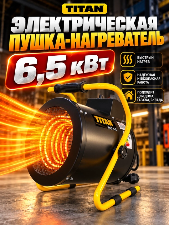 Электрическая тепловая пушка TITAN 6,5–7,5 кВт, тепловентилятор для гаража и мастерской - 