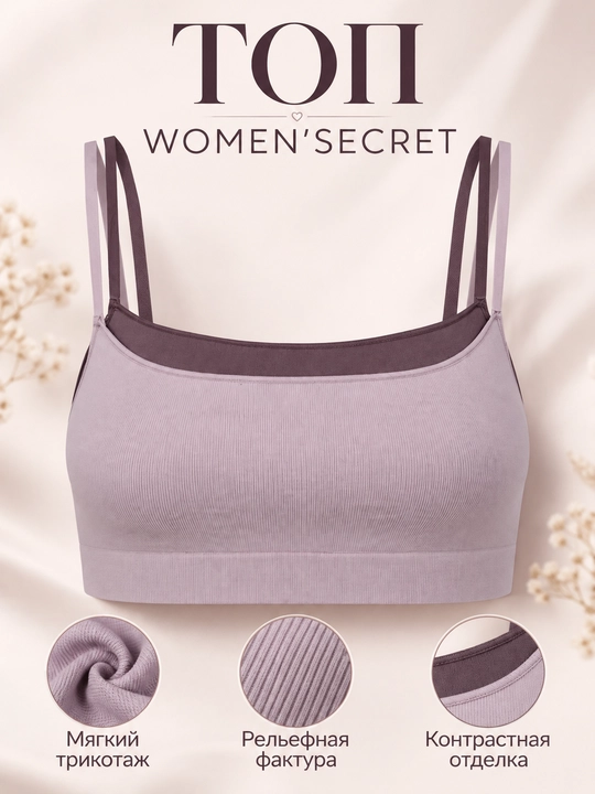 Women’secret ayollar uchun top, binafsha rangli, ikki qatlamli, keng rezinkali - 