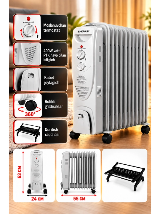 EMERALD moyli radiator 2900 W, termostatli, 400 W PTK isitgichli, 1 yil kafolat