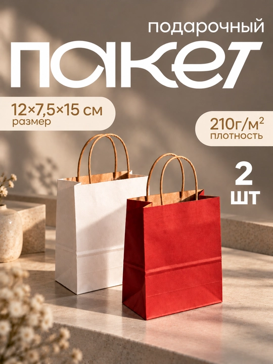 Tutqichli kraft qog‘ozdan ishlangan sovg‘a paketlari, 2 tali to‘plam, 12 × 7,5 × 15 sm - 