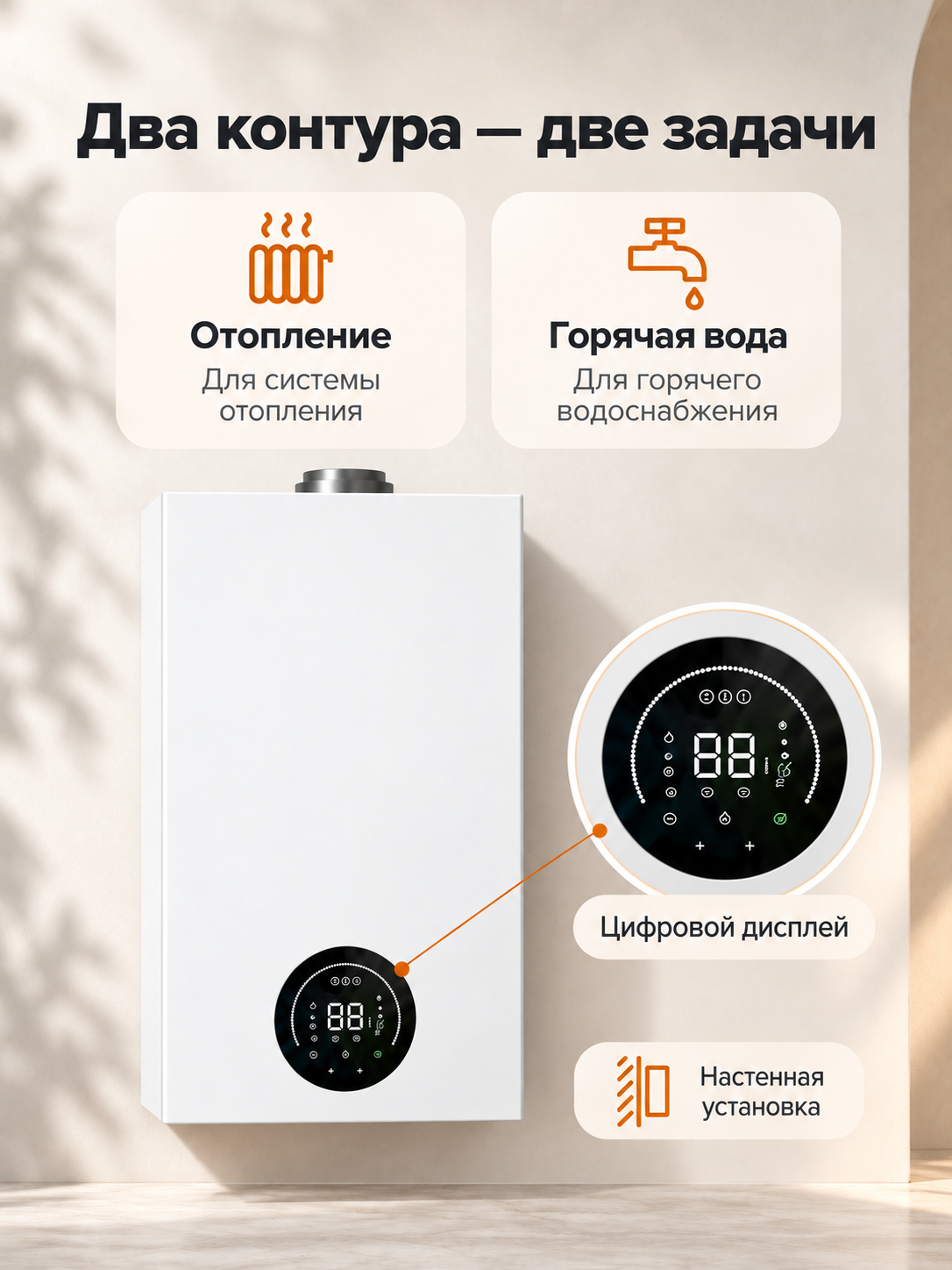 Devorga osiladigan ikki konturli gaz qozoni L1PB20-M3/L1PB26-M3, 20/26 kVt, mo'ri bilan