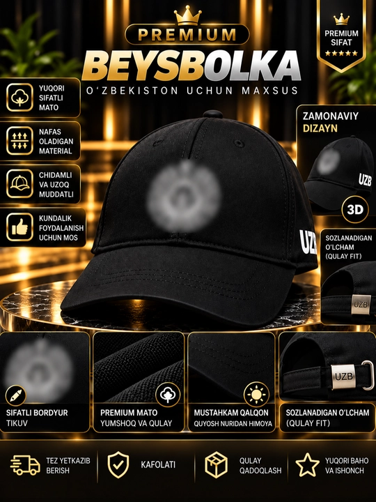 O‘zbekiston gerbli baseball kepka UFA logotipli qora Kundalik va sport uchun