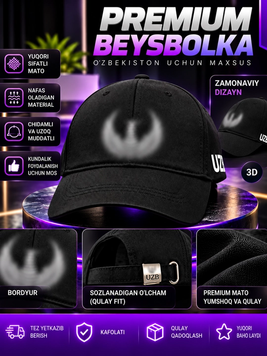 O‘zbekiston gerbli baseball kepka UFA logotipli qora Kundalik va sport uchun