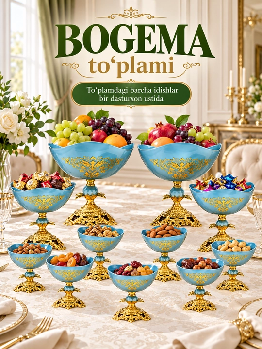 Bogema idishlari to‘plami, meva, shokolad va quritilgan mevalar uchun vaza - 