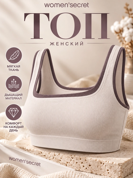 Women’secret ayollar uchun bej rangli top-bra, kontrast bezakli, yumshoq trikotaj - 