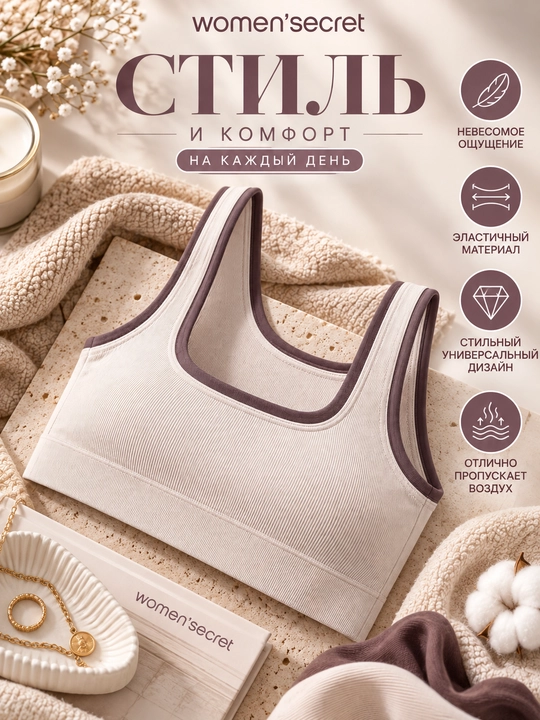 Women’secret ayollar uchun bej rangli top-bra, kontrast bezakli, yumshoq trikotaj