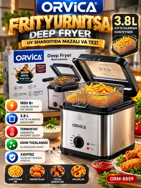 Фритюрница электрическая ORVICA ORM-8859, 3,8 л, 1850 Вт, для картофеля фри