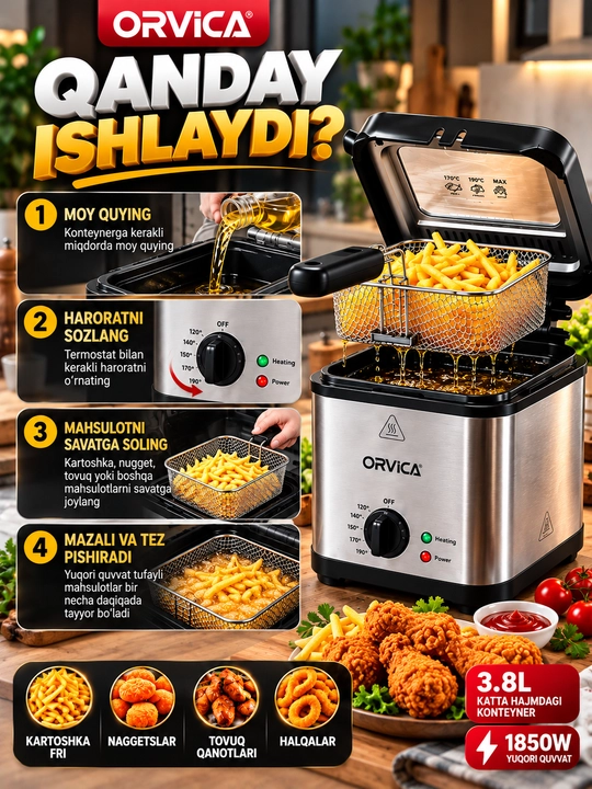 Фритюрница электрическая ORVICA ORM-8859, 3,8 л, 1850 Вт, для картофеля фри
