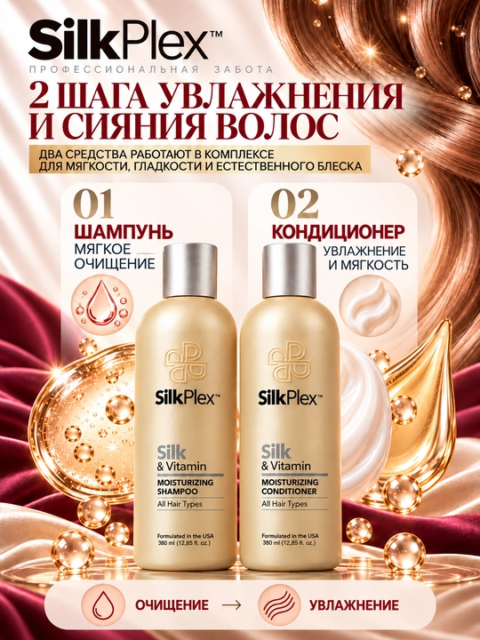 Набор для волос увлажняющий SilkPlex Silk & Vitamin: шампунь, кондиционер