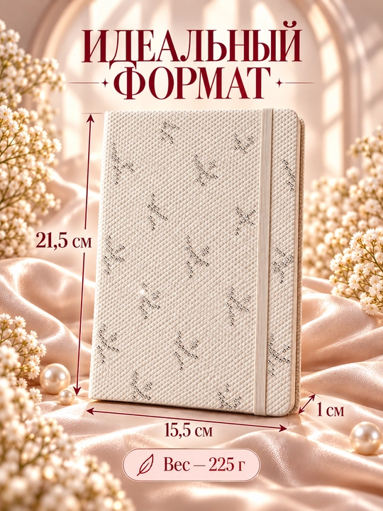 Блокнот со стразами в виде бантиков, в линейку, 215 × 155 мм