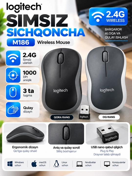 Logitech M186 sichqonchasi, simsiz, USB
