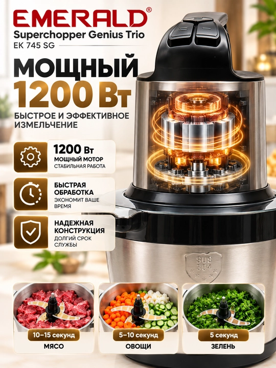 Измельчитель-чоппер EMERALD, для мяса и овощей, 8л нержавеющая сталь, 1200 Вт