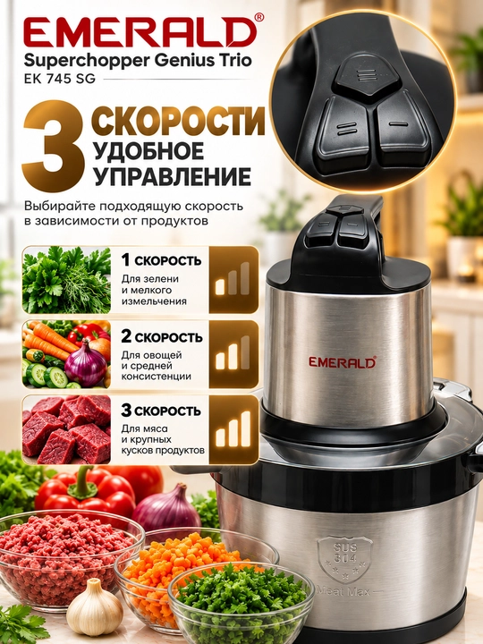 Измельчитель-чоппер EMERALD, для мяса и овощей, 8л нержавеющая сталь, 1200 Вт
