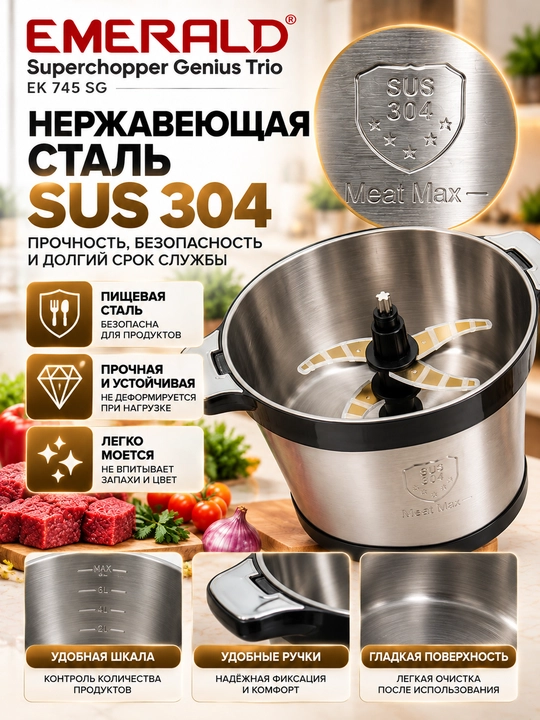 Измельчитель-чоппер EMERALD, для мяса и овощей, 8л нержавеющая сталь, 1200 Вт