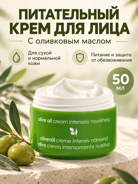 Yuz kremi Ziaja zaytun moyli, oziqlantiruvchi, quruq va normal teri uchun, 50 ml