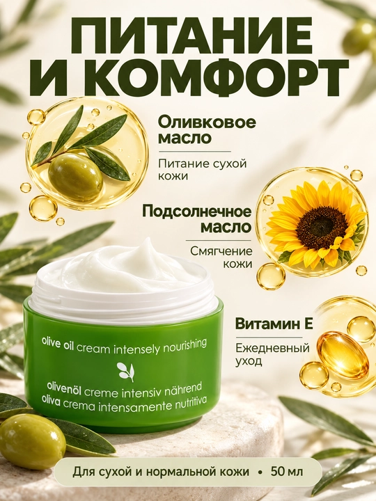 Yuz kremi Ziaja zaytun moyli, oziqlantiruvchi, quruq va normal teri uchun, 50 ml
