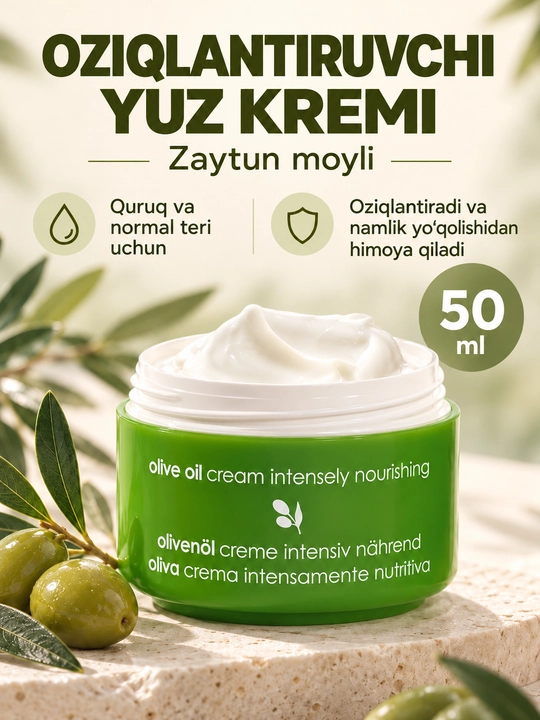 Yuz kremi Ziaja zaytun moyli, oziqlantiruvchi, quruq va normal teri uchun, 50 ml - 