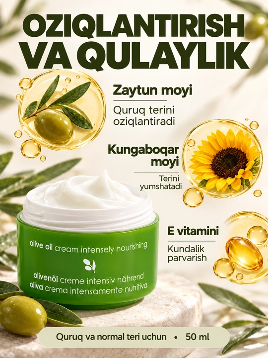 Yuz kremi Ziaja zaytun moyli, oziqlantiruvchi, quruq va normal teri uchun, 50 ml