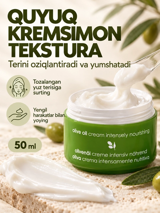 Yuz kremi Ziaja zaytun moyli, oziqlantiruvchi, quruq va normal teri uchun, 50 ml