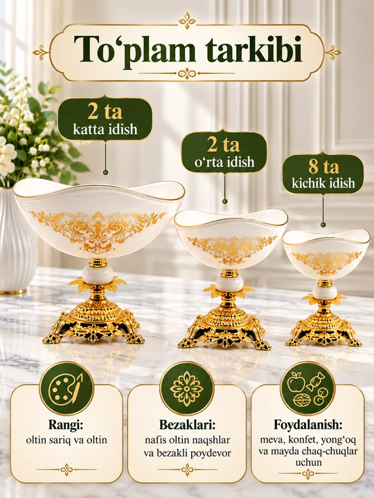 Bogema idishlari to‘plami, meva, shokolad va quritilgan mevalar uchun vaza - 