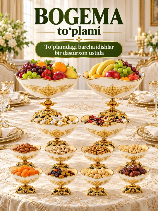 Bogema idishlari to‘plami, meva, shokolad va quritilgan mevalar uchun vaza