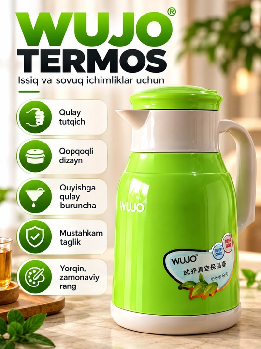 Термос WUJO для горячих и холодных напитков, яркий зелёный дизайн - 
