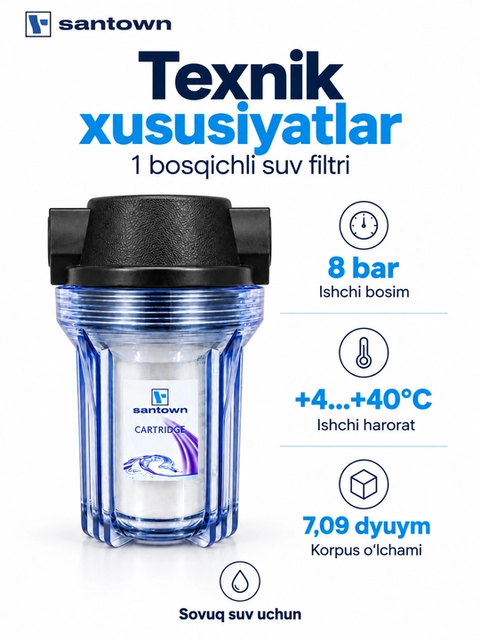 Sovuq suv uchun bir bosqichli suv filtri Santown, shaffof korpus
