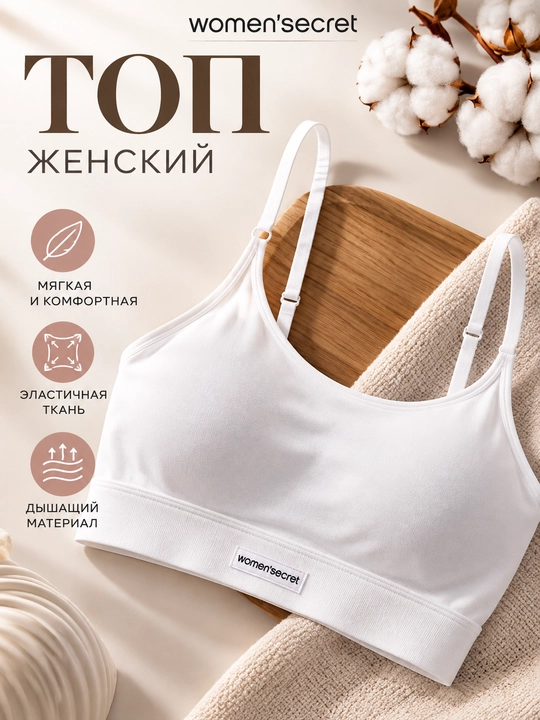 Women’secret ayollar uchun oq top-bra, sozlanadigan bretelli, yumshoq va elastik - 