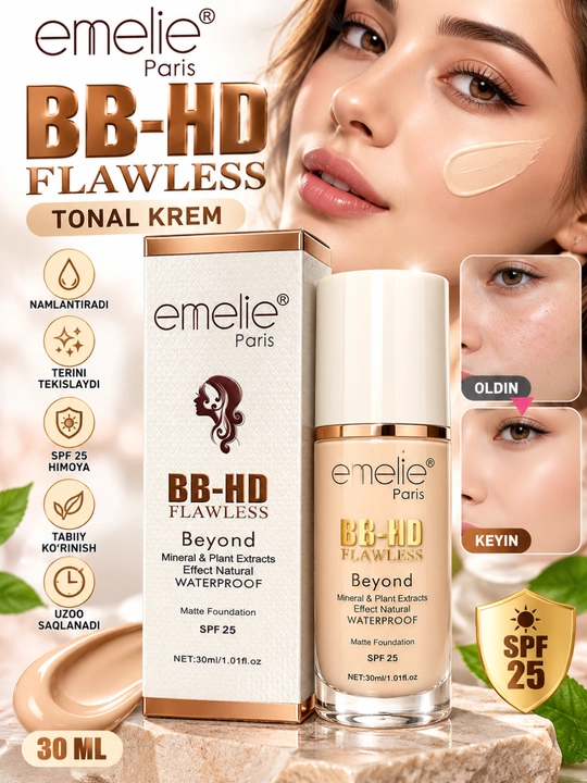 Тональный крем emelie Paris BB-HD с матовым эффектом для лица, водостойкий, SPF 25, 30 мл - 
